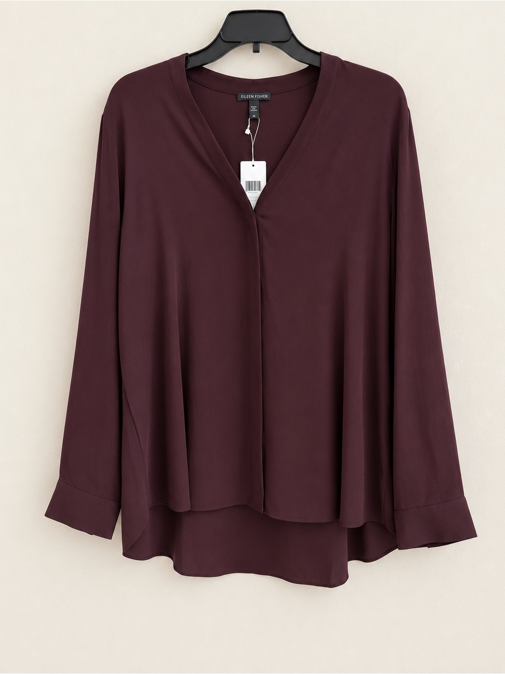 Eileen Fisher 100% Silk Shirt V Neck Blouse Cassis Burgundy Size M NWT $278
